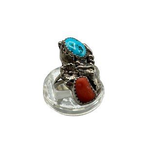 Native American Navajo Ring Size 7.5 Coral & Turquoise Sterling Silver Handmade